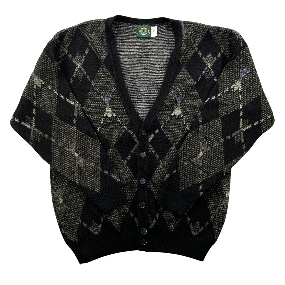 VTG 90s Jantzen Argyle Cardigan Sweater Mens XXL Tall Black Gray USA Academia